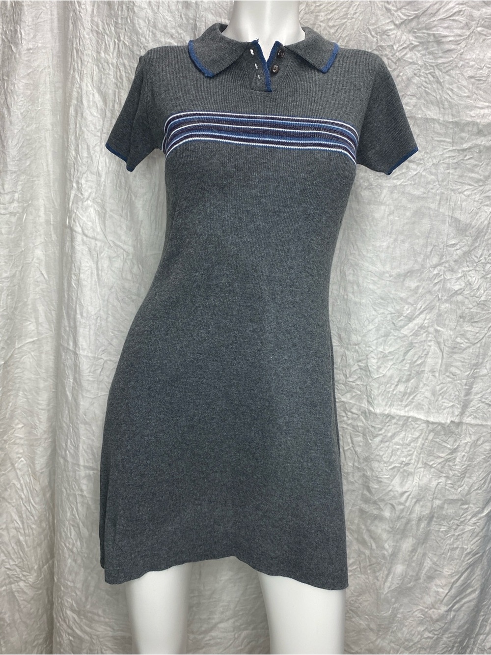 Vintage 90s Jonathan Martin Women's Grey Polo Knit Dress with Blue Stripe Detail
